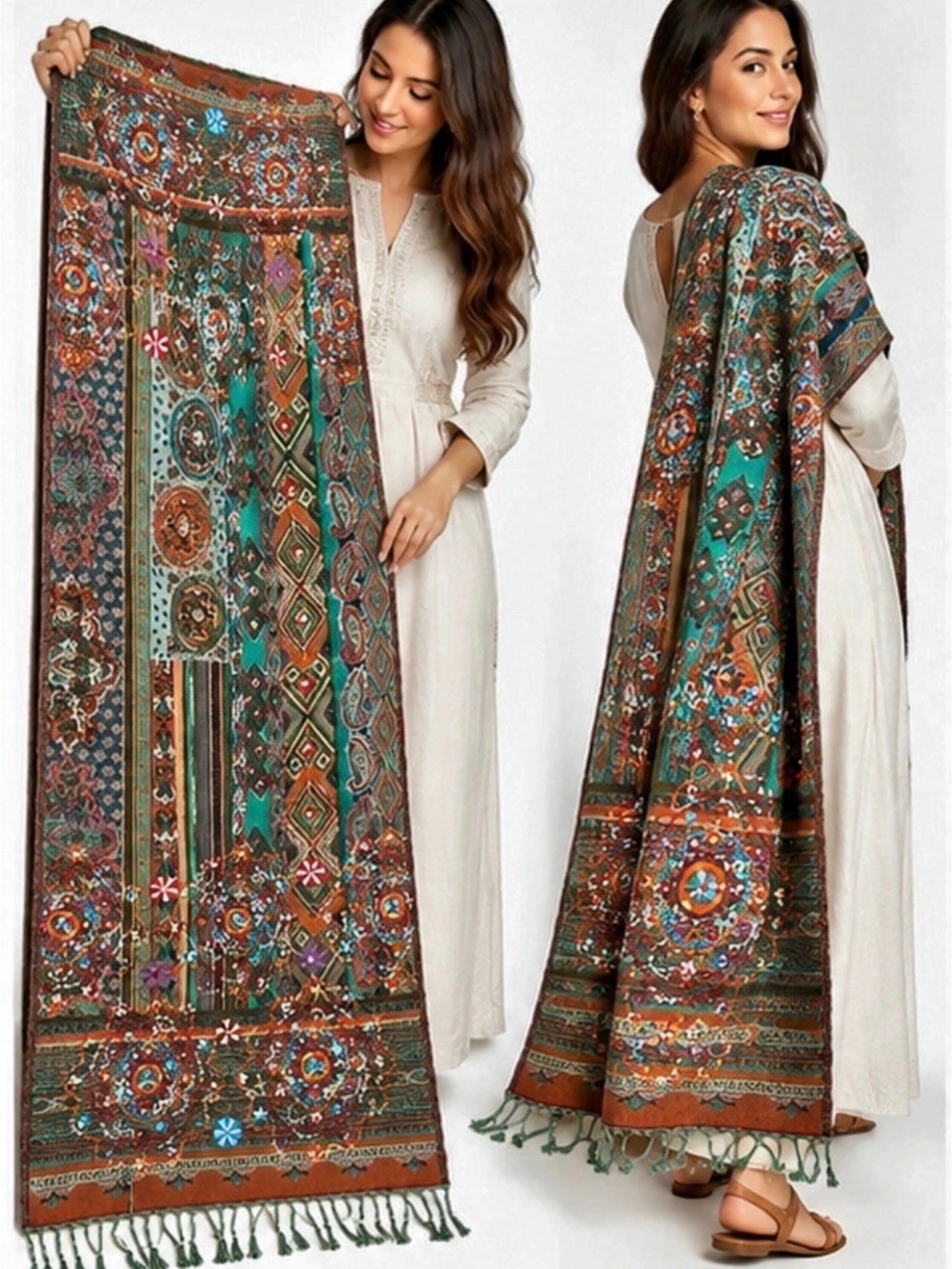 ANU by Natural Embroidered Boho Shawl Scarf Wrap 100% Viscose India 80” x 28”